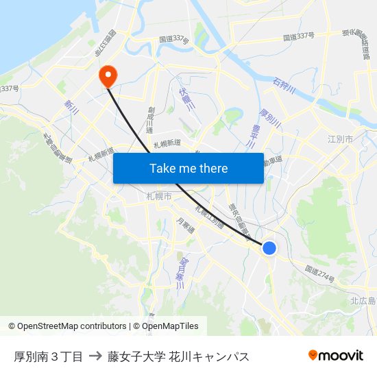 厚別南３丁目 to 藤女子大学 花川キャンパス map