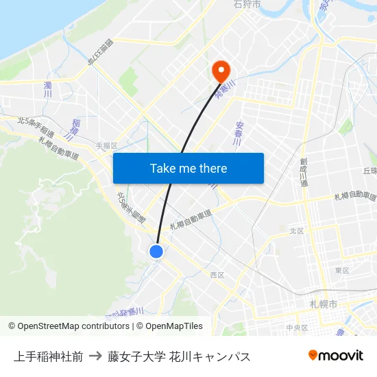 上手稲神社前 to 藤女子大学 花川キャンパス map