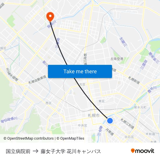 国立病院前 to 藤女子大学 花川キャンパス map