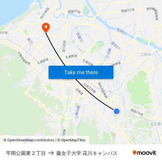 平岡公園東２丁目 to 藤女子大学 花川キャンパス map