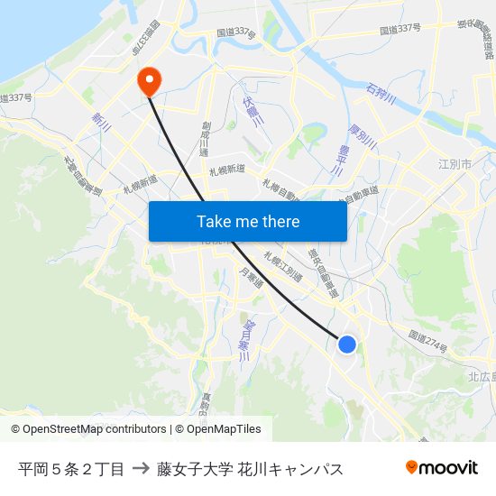 平岡５条２丁目 to 藤女子大学 花川キャンパス map