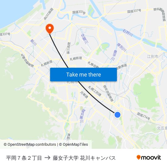 平岡７条２丁目 to 藤女子大学 花川キャンパス map