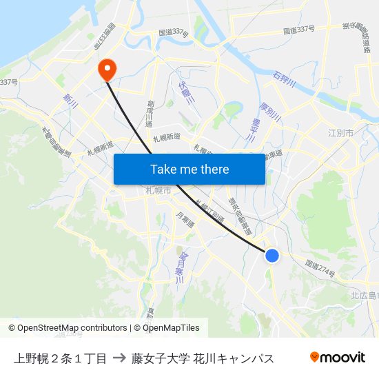 上野幌２条１丁目 to 藤女子大学 花川キャンパス map
