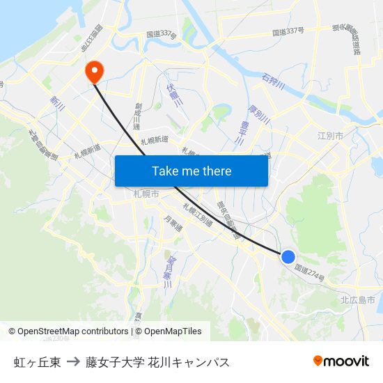 虹ヶ丘東 to 藤女子大学 花川キャンパス map