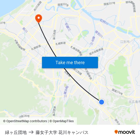 緑ヶ丘団地 to 藤女子大学 花川キャンパス map