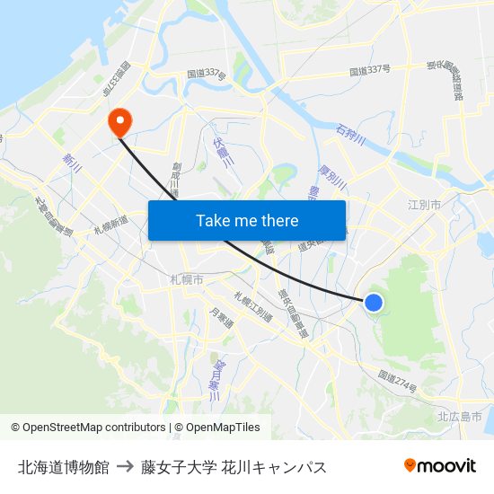 北海道博物館 to 藤女子大学 花川キャンパス map