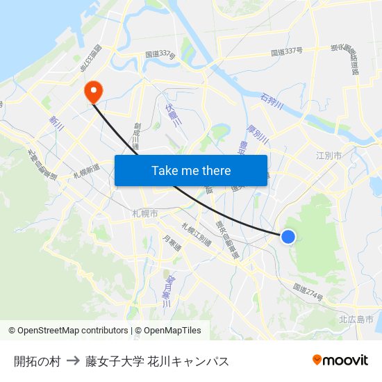 開拓の村 to 藤女子大学 花川キャンパス map