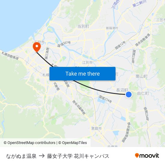 ながぬま温泉 to 藤女子大学 花川キャンパス map