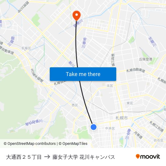 大通西２５丁目 to 藤女子大学 花川キャンパス map