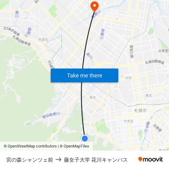 宮の森シャンツェ前 to 藤女子大学 花川キャンパス map