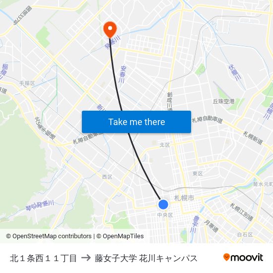 北１条西１１丁目 to 藤女子大学 花川キャンパス map