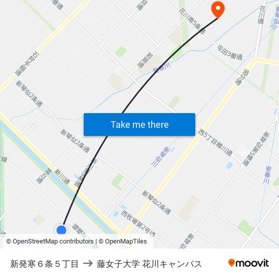 新発寒６条５丁目 to 藤女子大学 花川キャンパス map