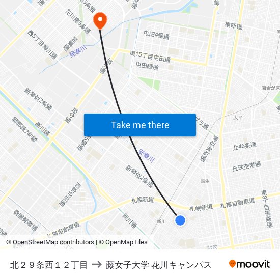 北２９条西１２丁目 to 藤女子大学 花川キャンパス map