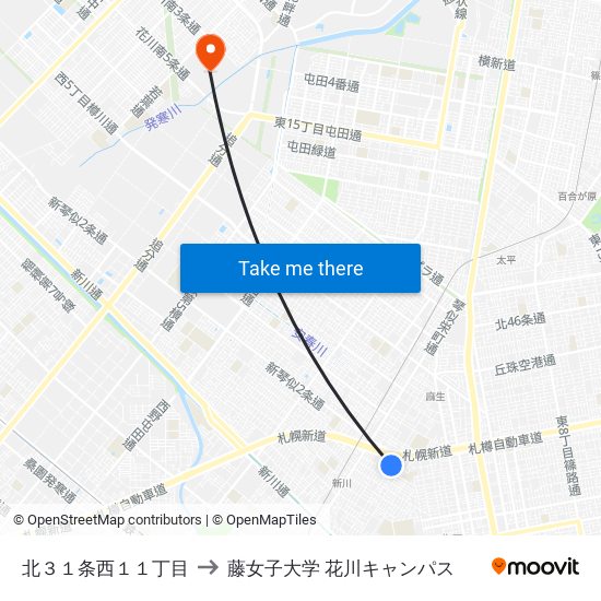 北３１条西１１丁目 to 藤女子大学 花川キャンパス map