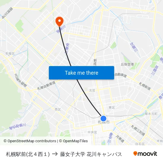 札幌駅前(北４西１) to 藤女子大学 花川キャンパス map