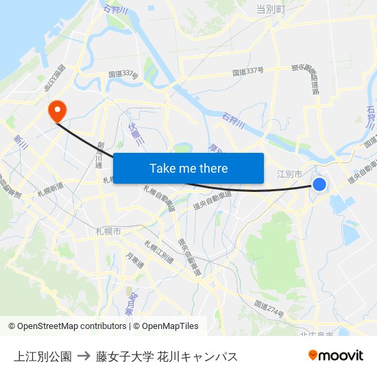 上江別公園 to 藤女子大学 花川キャンパス map