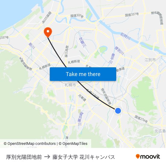 厚別光陽団地前 to 藤女子大学 花川キャンパス map