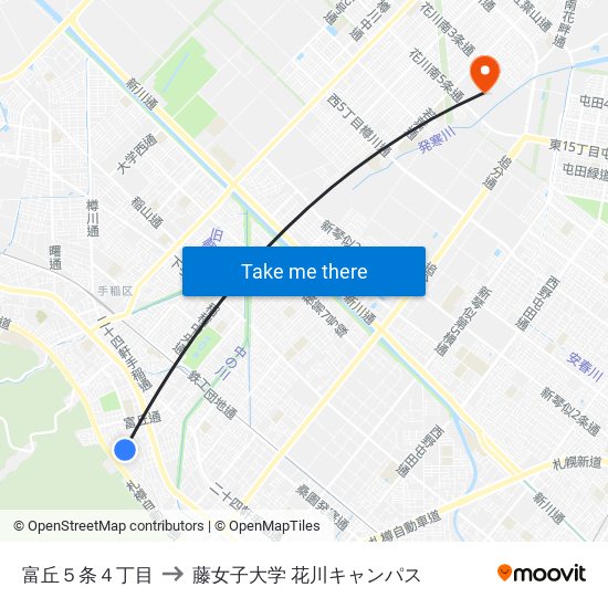 富丘５条４丁目 to 藤女子大学 花川キャンパス map