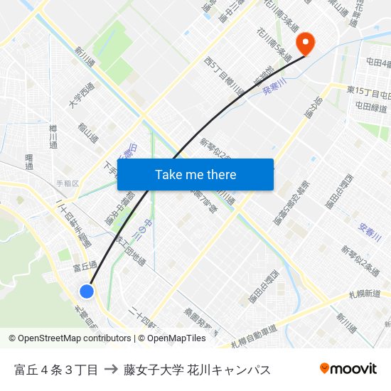 富丘４条３丁目 to 藤女子大学 花川キャンパス map