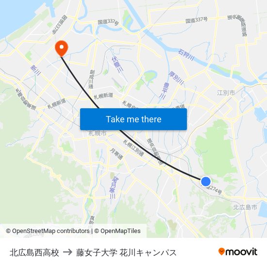 北広島西高校 to 藤女子大学 花川キャンパス map