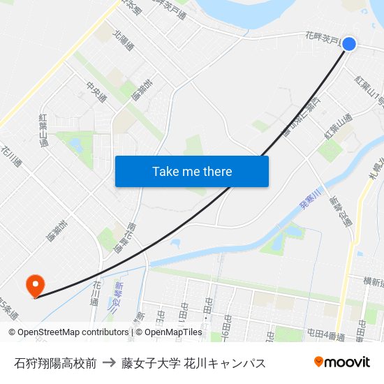 石狩翔陽高校前 to 藤女子大学 花川キャンパス map