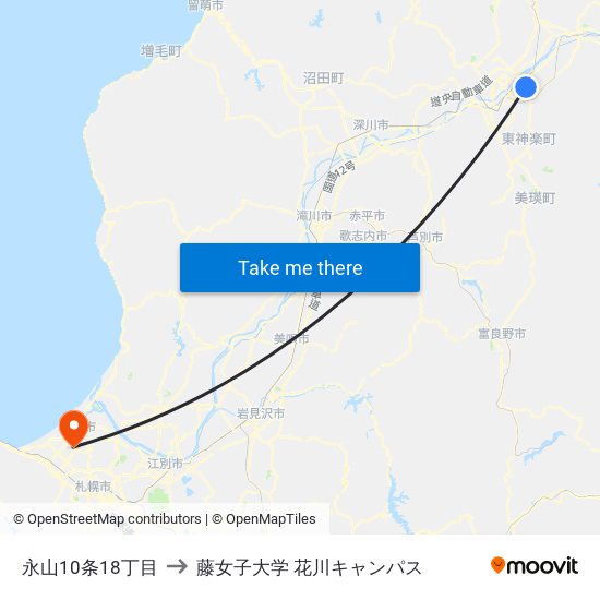 永山10条18丁目 to 藤女子大学 花川キャンパス map