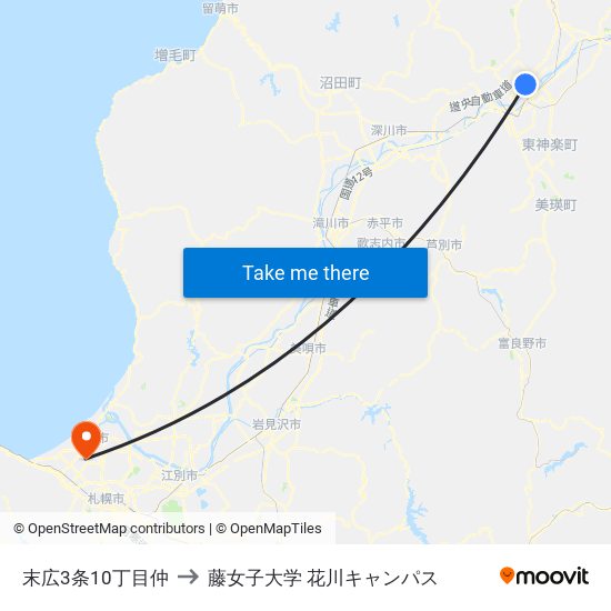 末広3条10丁目仲 to 藤女子大学 花川キャンパス map