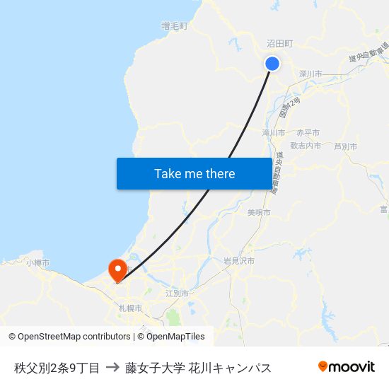 秩父別2条9丁目 to 藤女子大学 花川キャンパス map