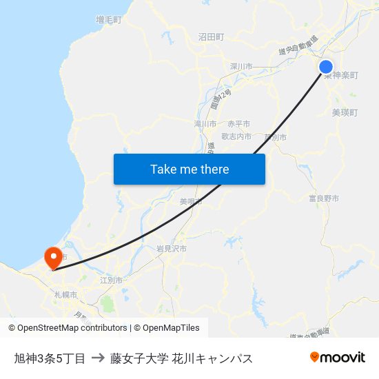 旭神3条5丁目 to 藤女子大学 花川キャンパス map