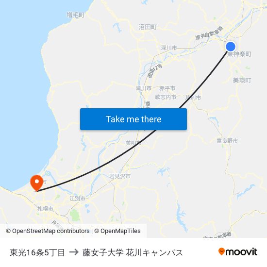 東光16条5丁目 to 藤女子大学 花川キャンパス map