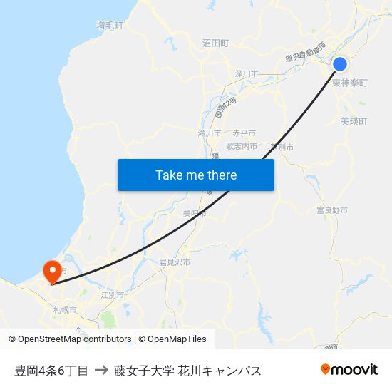 豊岡4条6丁目 to 藤女子大学 花川キャンパス map