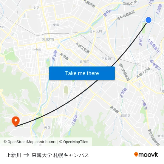 上新川 to 東海大学 札幌キャンパス map