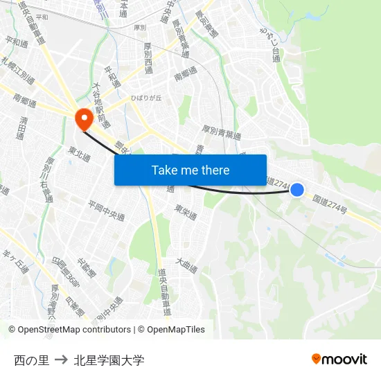 西の里 to 北星学園大学 map