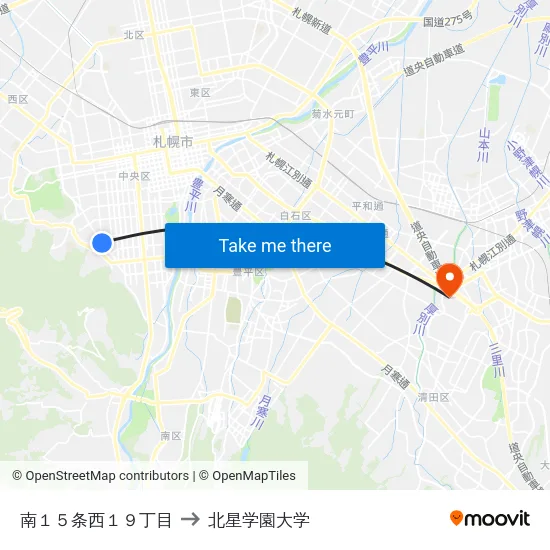 南１５条西１９丁目 to 北星学園大学 map