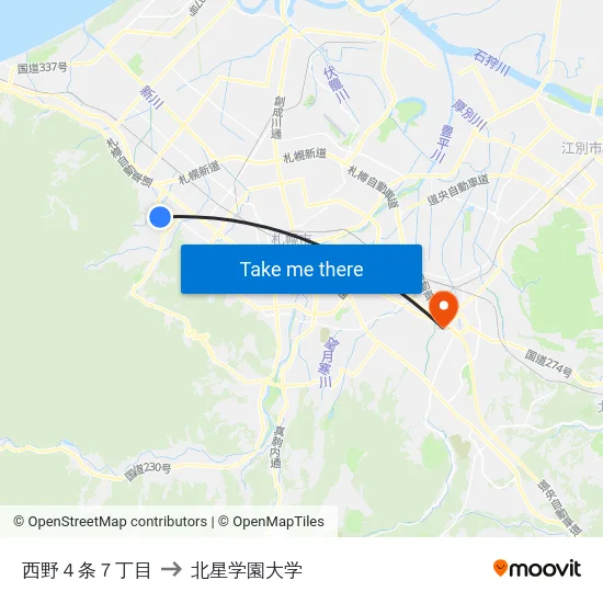 西野４条７丁目 to 北星学園大学 map