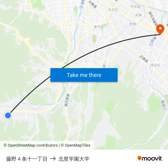藤野４条十一丁目 to 北星学園大学 map