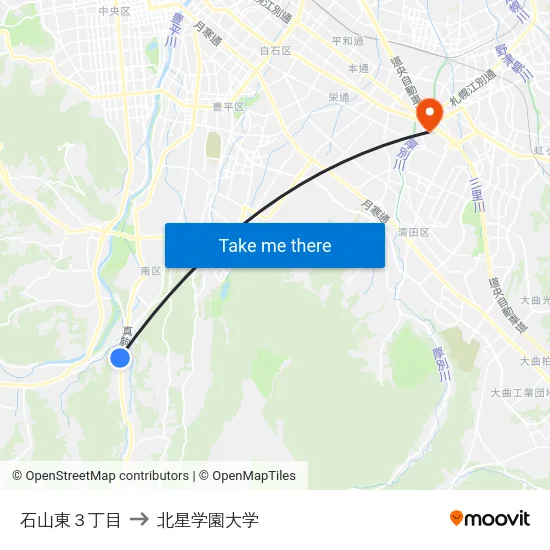 石山東３丁目 to 北星学園大学 map