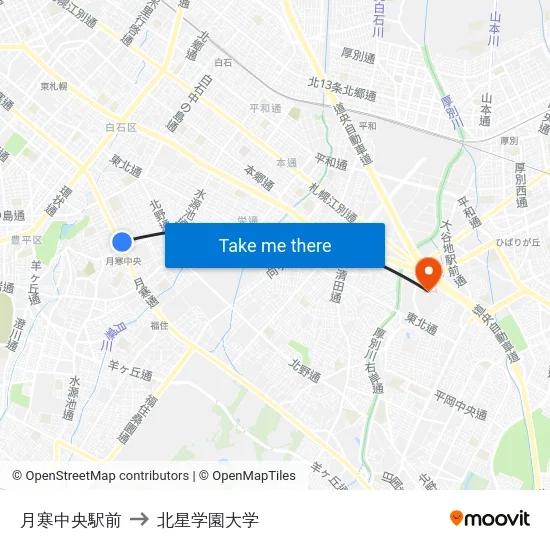 月寒中央駅前 to 北星学園大学 map