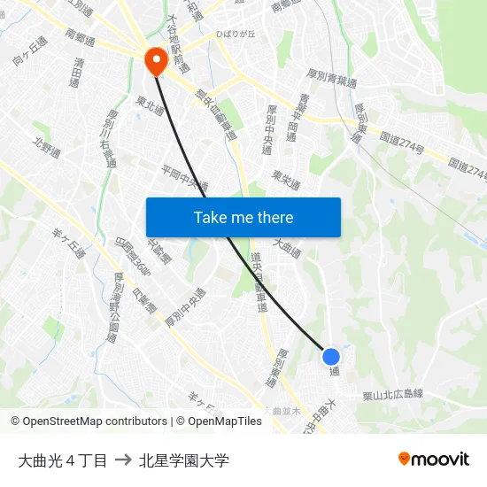大曲光４丁目 to 北星学園大学 map