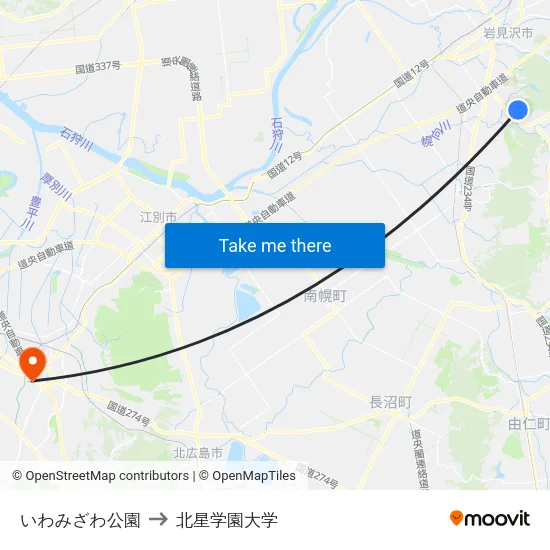 いわみざわ公園 to 北星学園大学 map