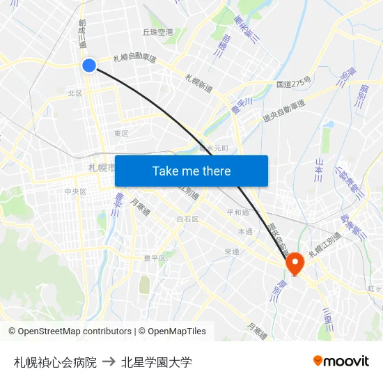 札幌禎心会病院 to 北星学園大学 map