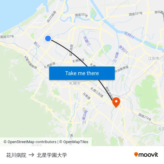 花川病院 to 北星学園大学 map