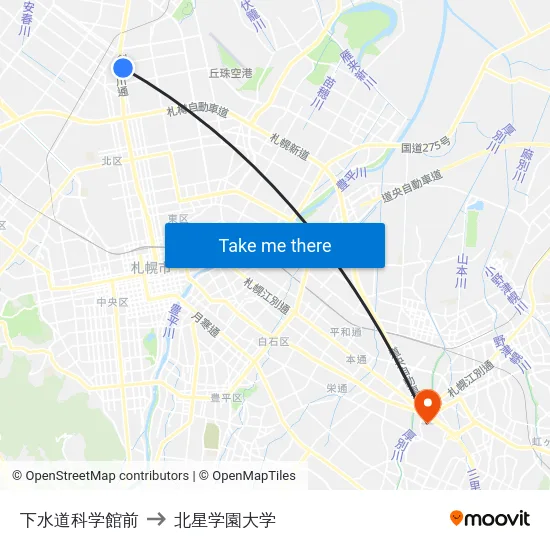 下水道科学館前 to 北星学園大学 map
