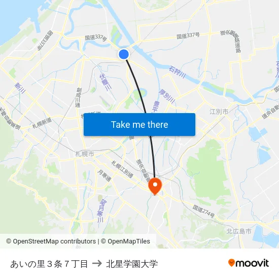 あいの里３条７丁目 to 北星学園大学 map