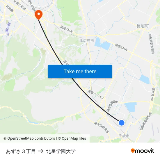 あずさ３丁目 to 北星学園大学 map