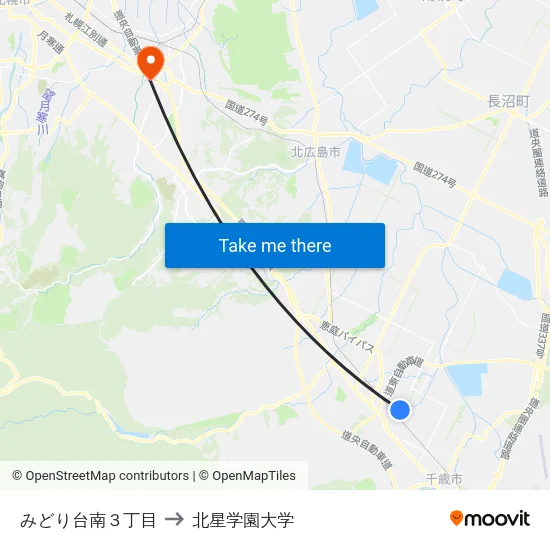 みどり台南３丁目 to 北星学園大学 map
