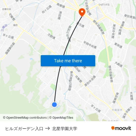 ヒルズガーデン入口 to 北星学園大学 map