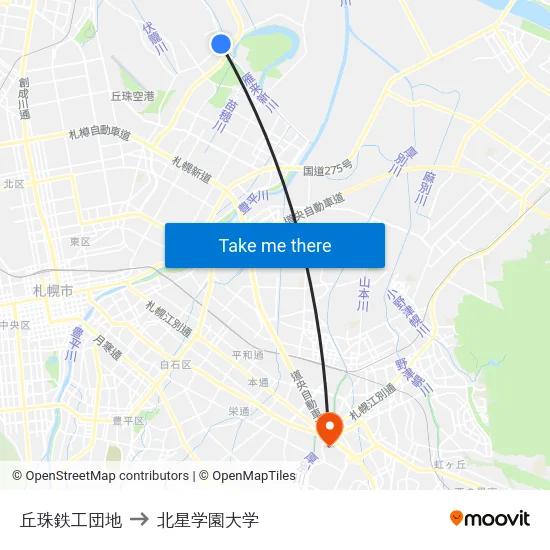 丘珠鉄工団地 to 北星学園大学 map