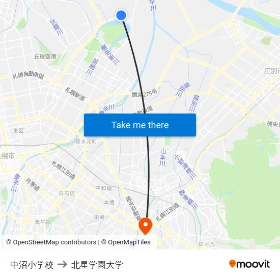 中沼小学校 to 北星学園大学 map