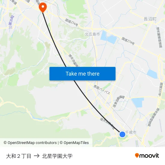 大和２丁目 to 北星学園大学 map